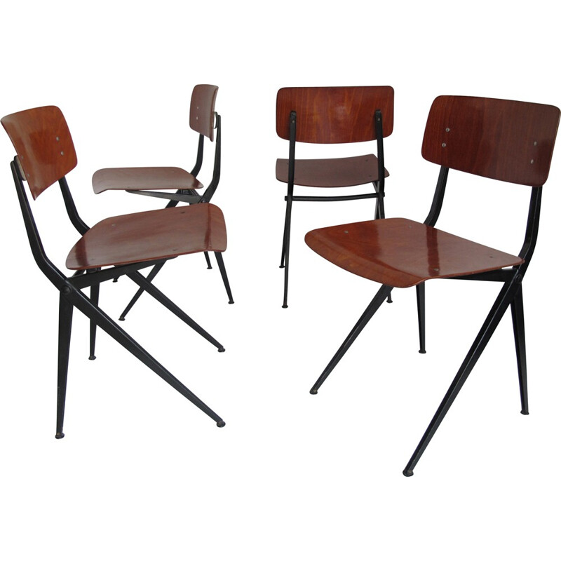 Set of 4 Industrial Marko chairs in steel and wood - 1960s