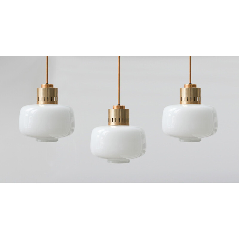 Set of 3 vintage opaline glass pendant lamp, 1960s