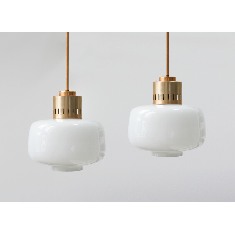 Set of 3 vintage opaline glass pendant lamp, 1960s