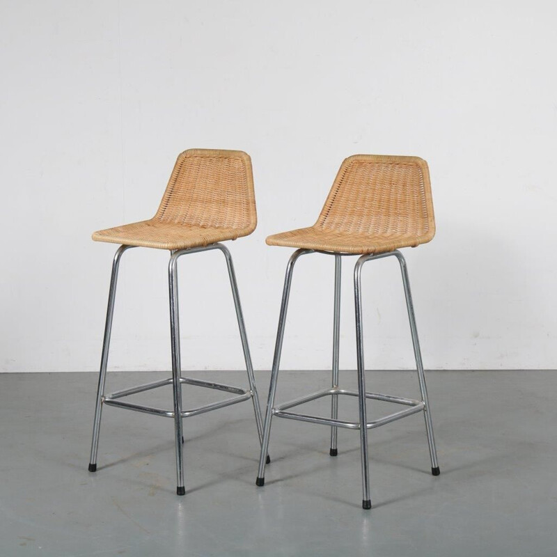 Pair of wicker bar stools designed by Dirk van Sliedregt for Gebroeders Jonkers, 1950s