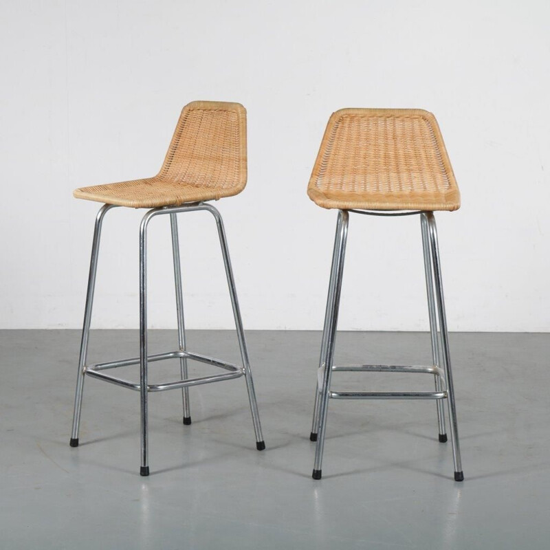 Pair of wicker bar stools designed by Dirk van Sliedregt for Gebroeders Jonkers, 1950s