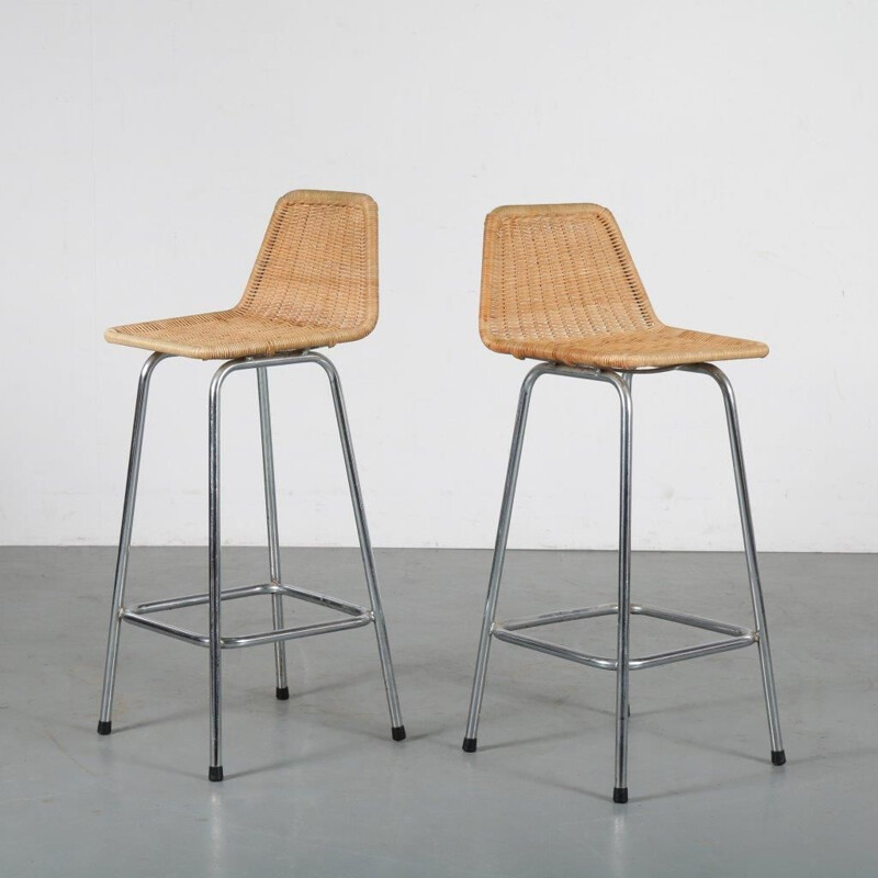 Pair of wicker bar stools designed by Dirk van Sliedregt for Gebroeders Jonkers, 1950s