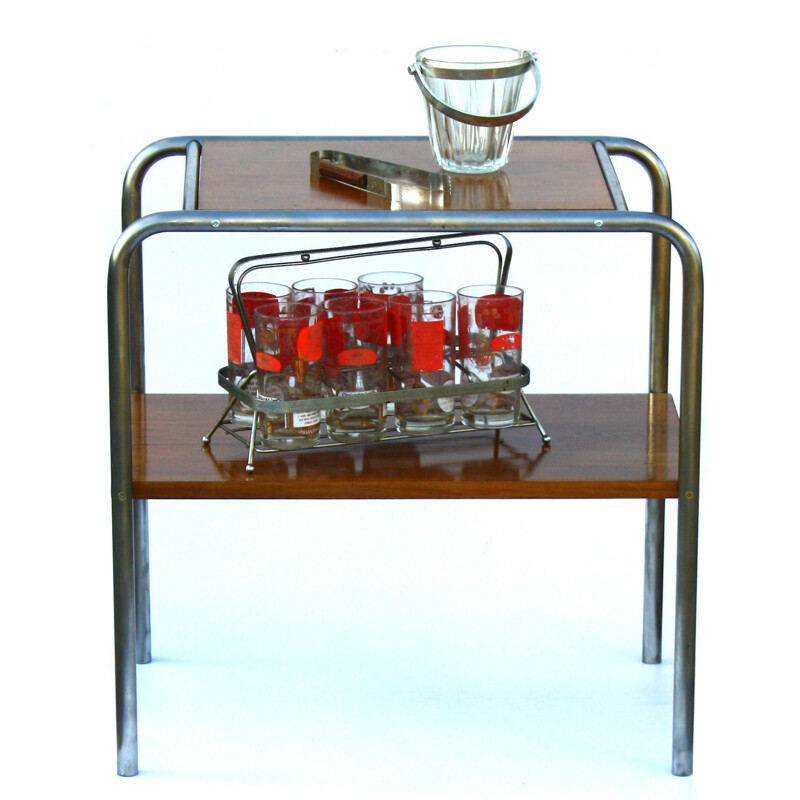 Table vintage en bois plaqué verni et acier tubulaire - 1960