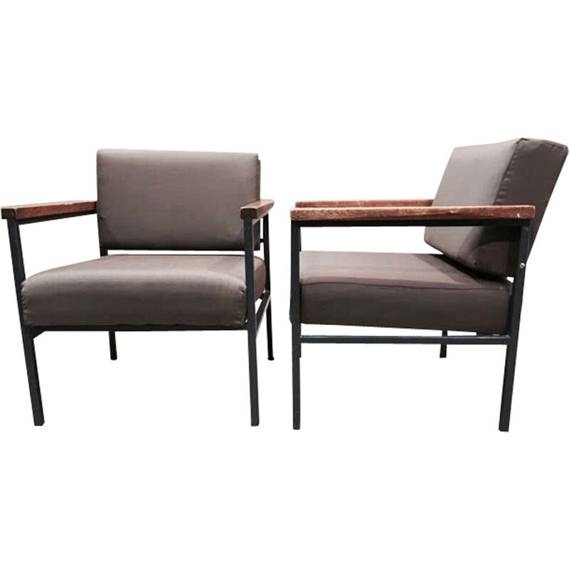 Pair of vintage industrial metal and teak armchairs, 1950