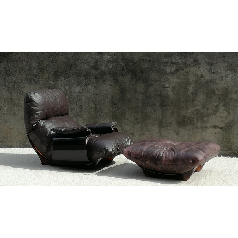 Vintage Marsala leather armchair with ottoman by Michel Ducaroy, 1970s