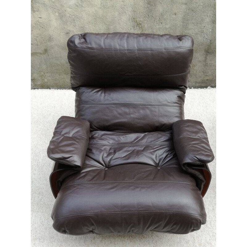 Vintage Marsala leather armchair with ottoman by Michel Ducaroy, 1970s