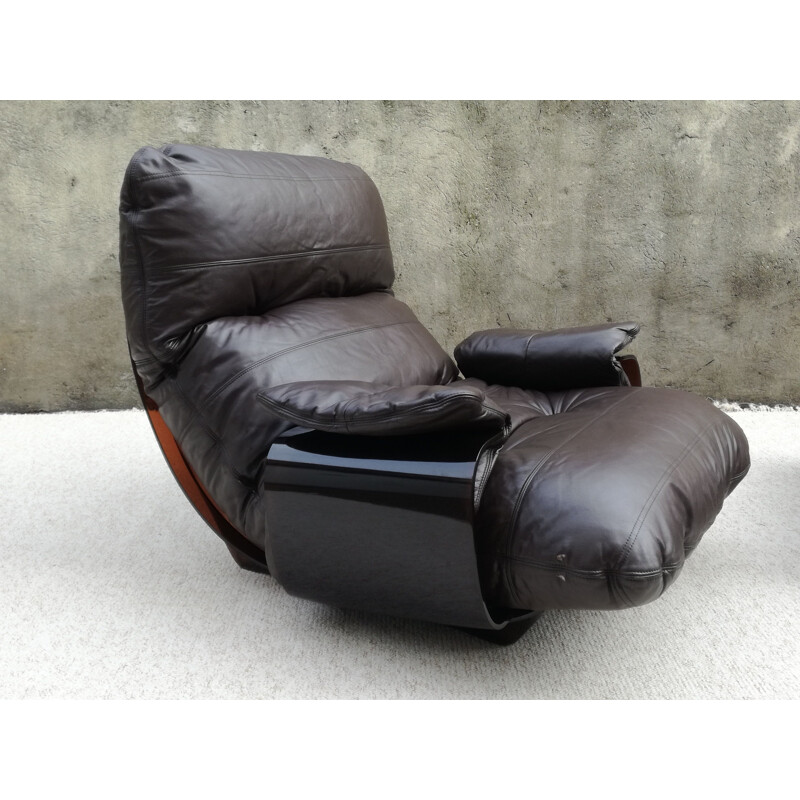 Vintage Marsala leather armchair with ottoman by Michel Ducaroy, 1970s