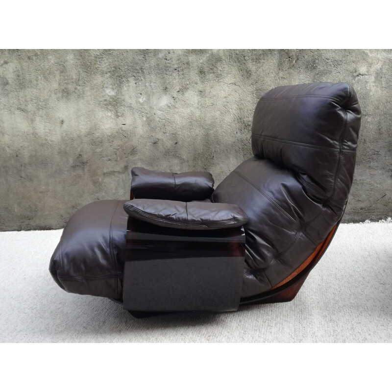 Vintage Marsala leather armchair with ottoman by Michel Ducaroy, 1970s