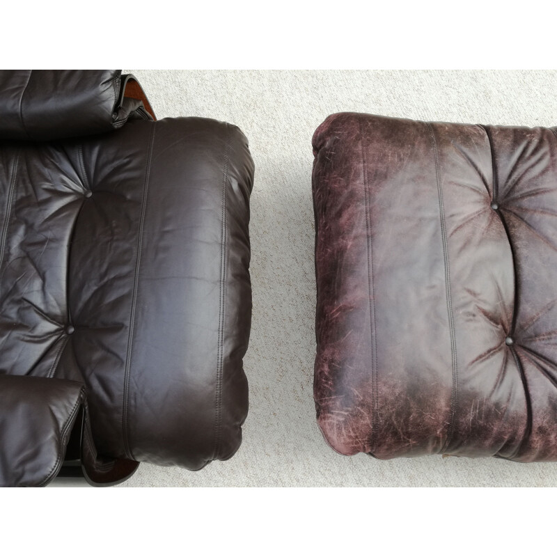 Vintage Marsala leather armchair with ottoman by Michel Ducaroy, 1970s