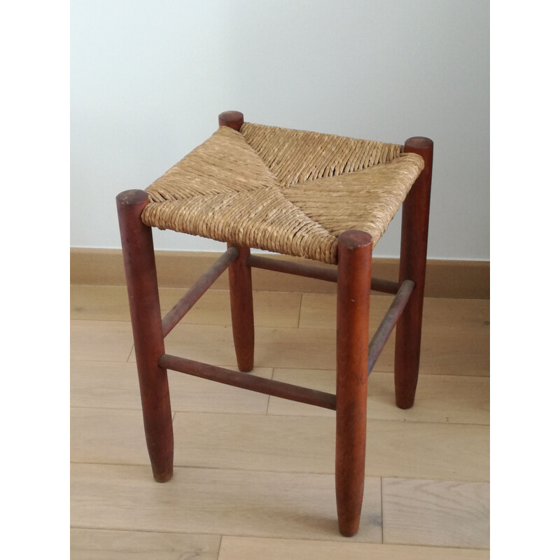 Vintage wooden and straw stool, 1950s