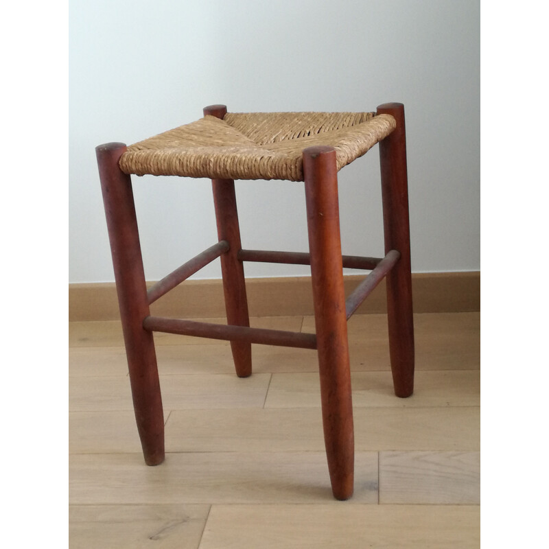 Vintage wooden and straw stool, 1950s