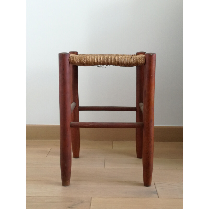 Tabouret vintage en bois et paille, 1950s