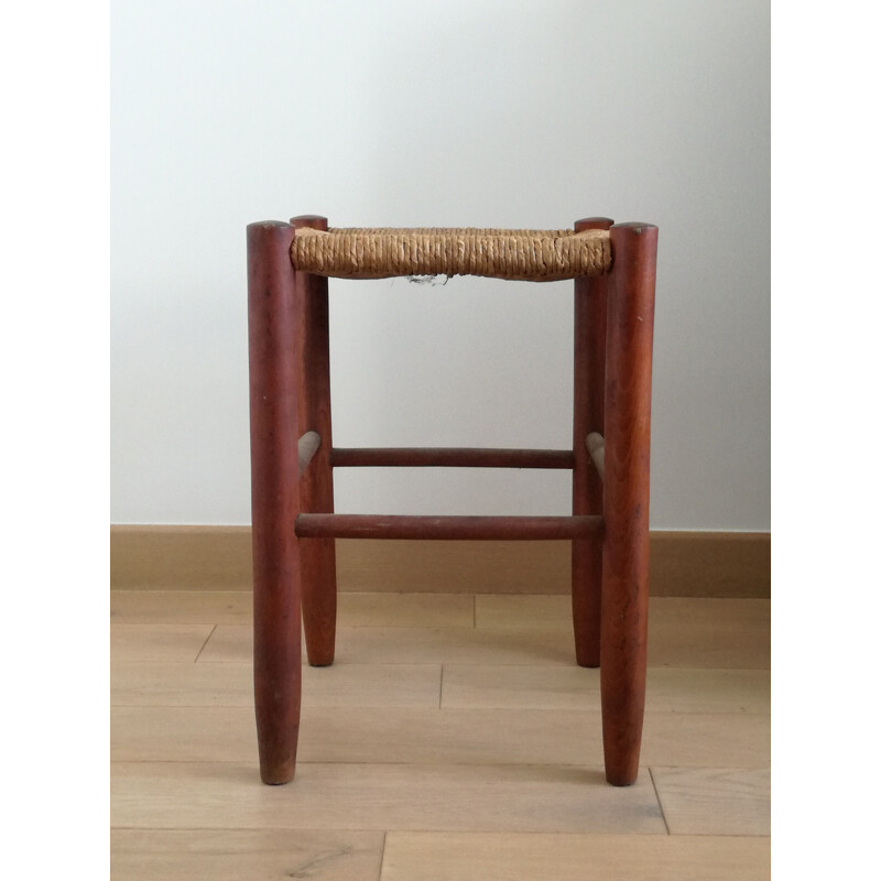 Vintage wooden and straw stool, 1950s