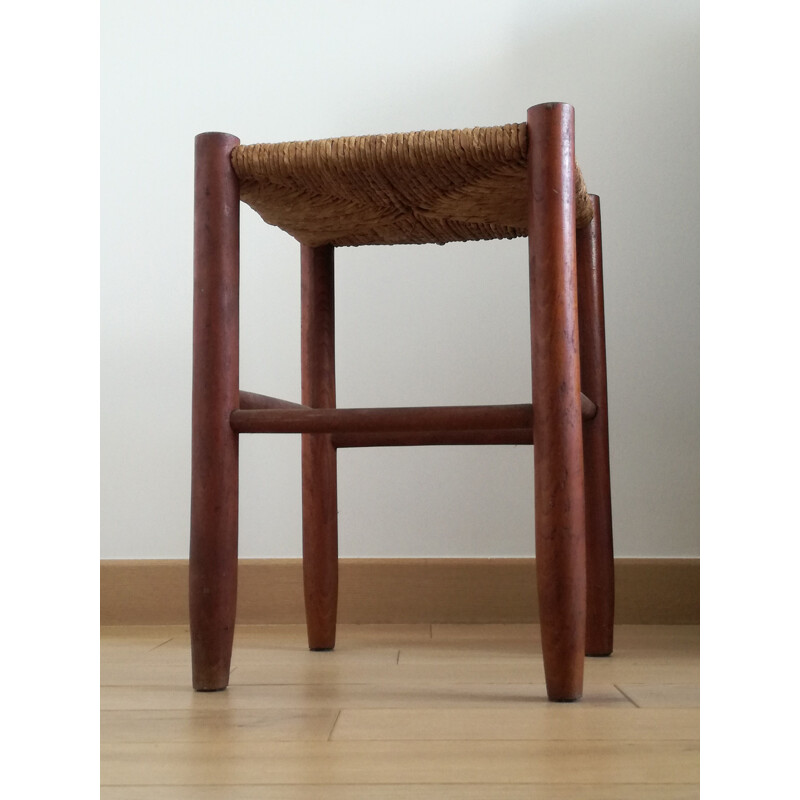 Tabouret vintage en bois et paille, 1950s