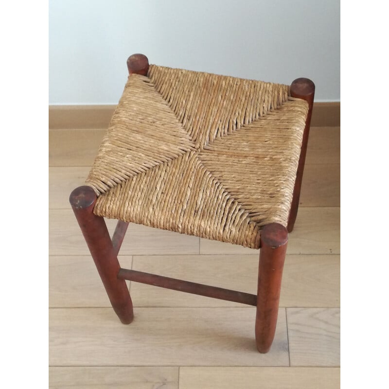 Vintage wooden and straw stool, 1950s