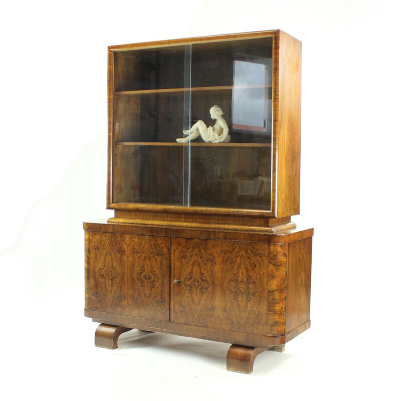 Vintage Art Deco buffetkast met vitrine, Tsjechoslowakije 1930