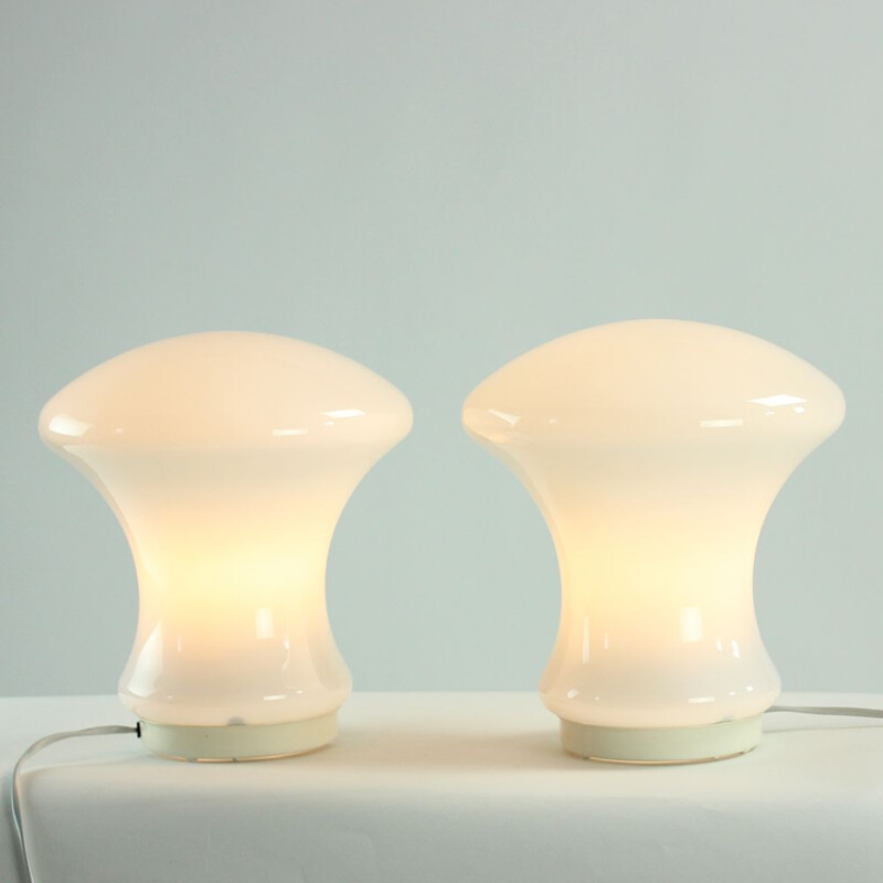 Pair of white opaline glass vintage table lamps By Ivan Jakes For Sklarny Rapotin, 1960s