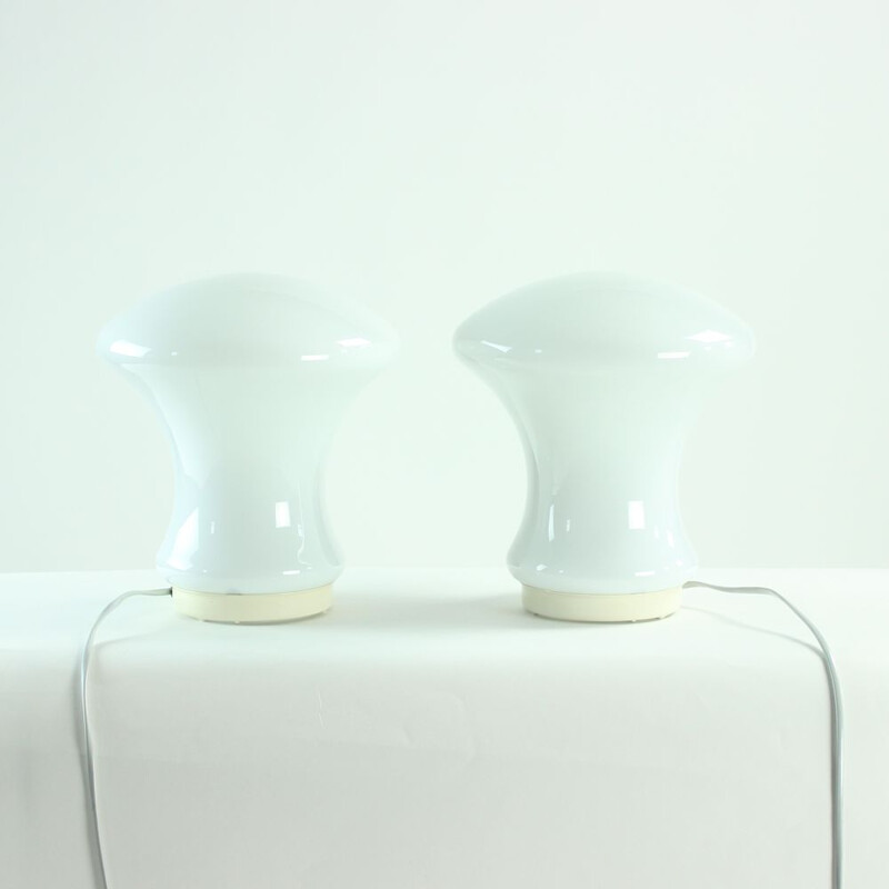 Pair of white opaline glass vintage table lamps By Ivan Jakes For Sklarny Rapotin, 1960s