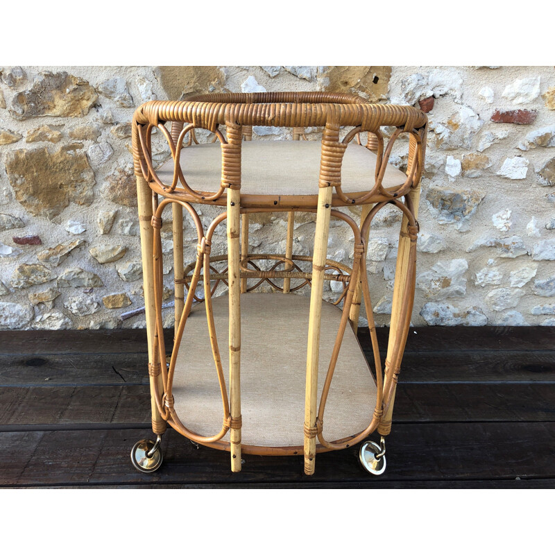 Vintage two-tray rattan and bamboo trolley, 1960s