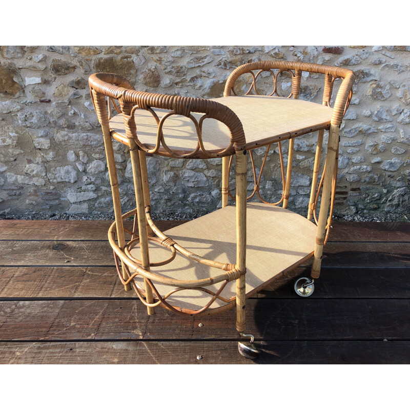 Vintage two-tray rattan and bamboo trolley, 1960s