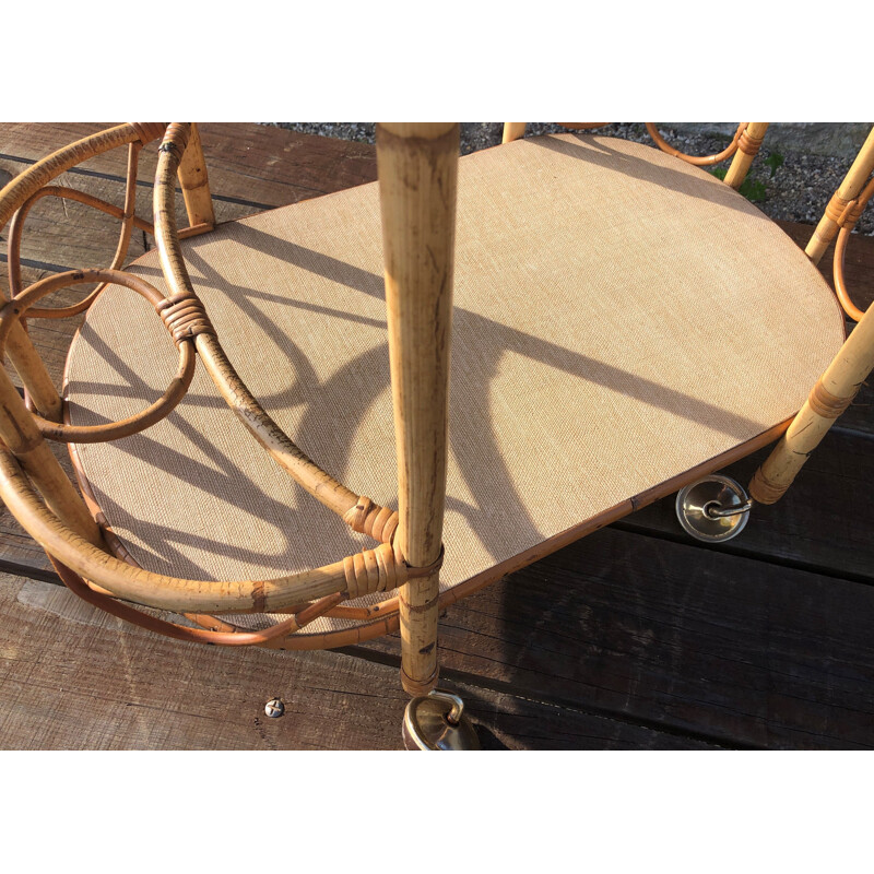 Vintage two-tray rattan and bamboo trolley, 1960s