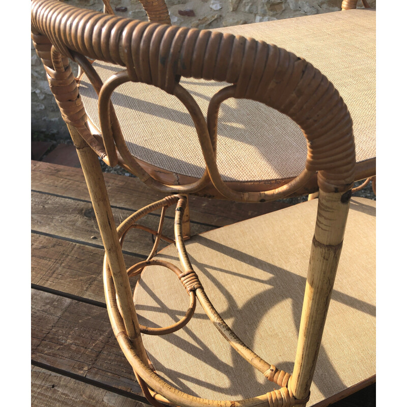 Vintage two-tray rattan and bamboo trolley, 1960s