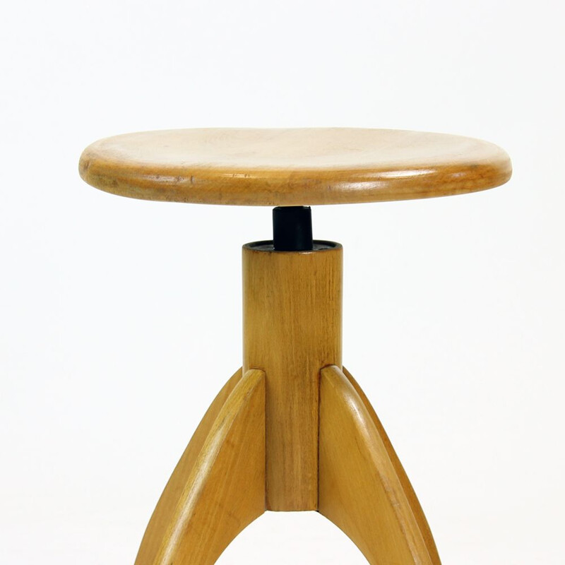 Wooden swivel vintage stool, Czechoslovakia, 1950s