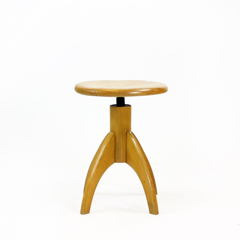 Tabouret vintage pivotant en bois, Tchécoslovaquie, 1950