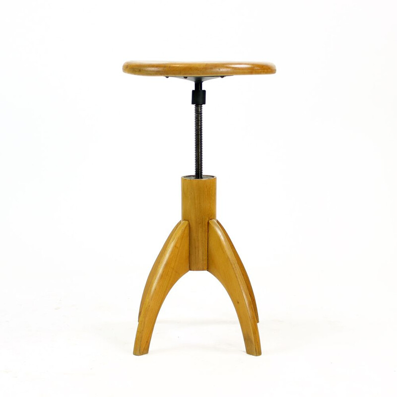 Wooden swivel vintage stool, Czechoslovakia, 1950s