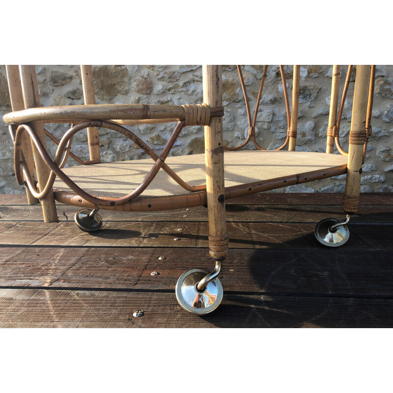 Vintage two-tray rattan and bamboo trolley, 1960s