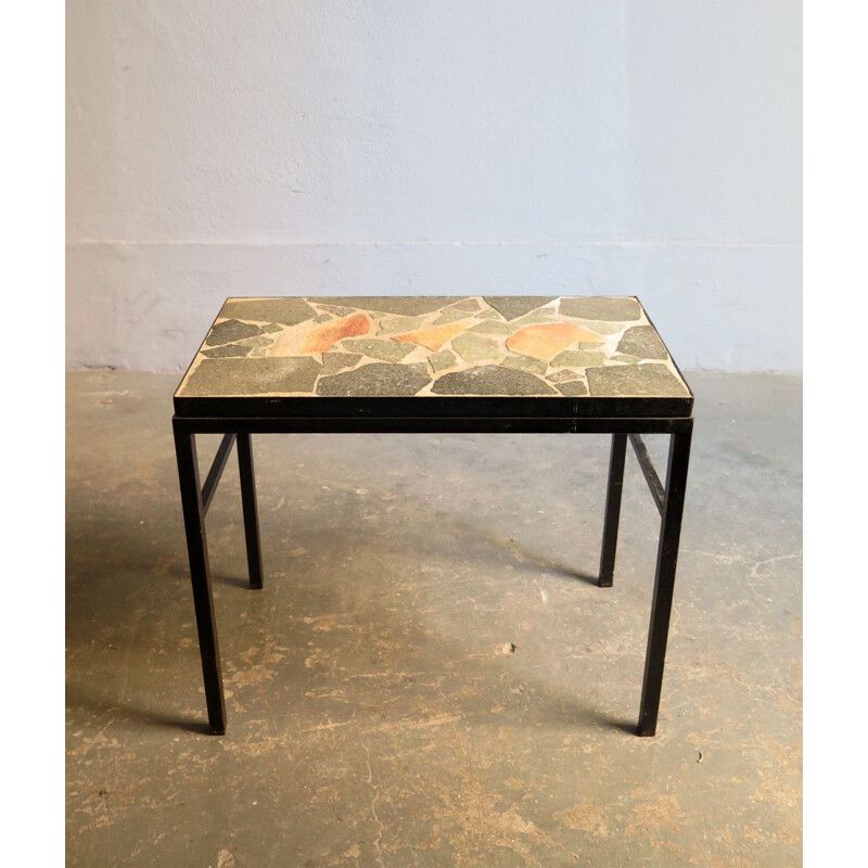 German vintage side table in stone and black metal, 1970s