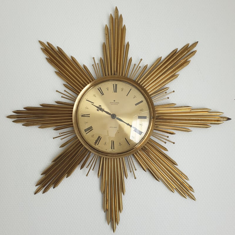 Large brass vintage Sunburst wall clock by Junghans, 1960s