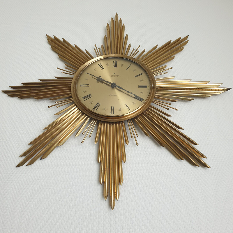 Large brass vintage Sunburst wall clock by Junghans, 1960s
