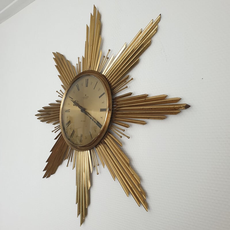 Large brass vintage Sunburst wall clock by Junghans, 1960s