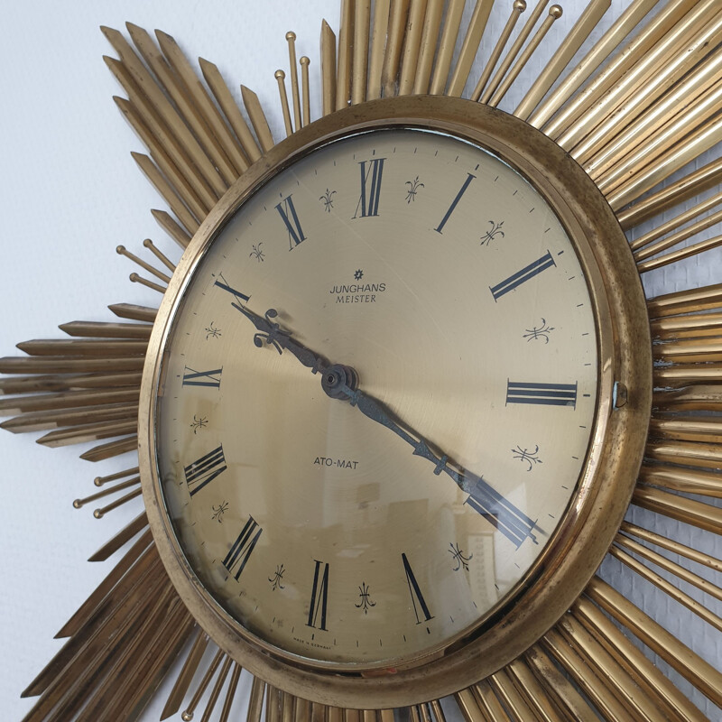 Large brass vintage Sunburst wall clock by Junghans, 1960s