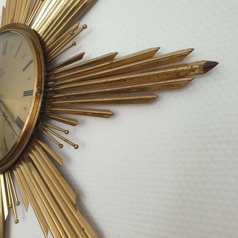 Large brass vintage Sunburst wall clock by Junghans, 1960s