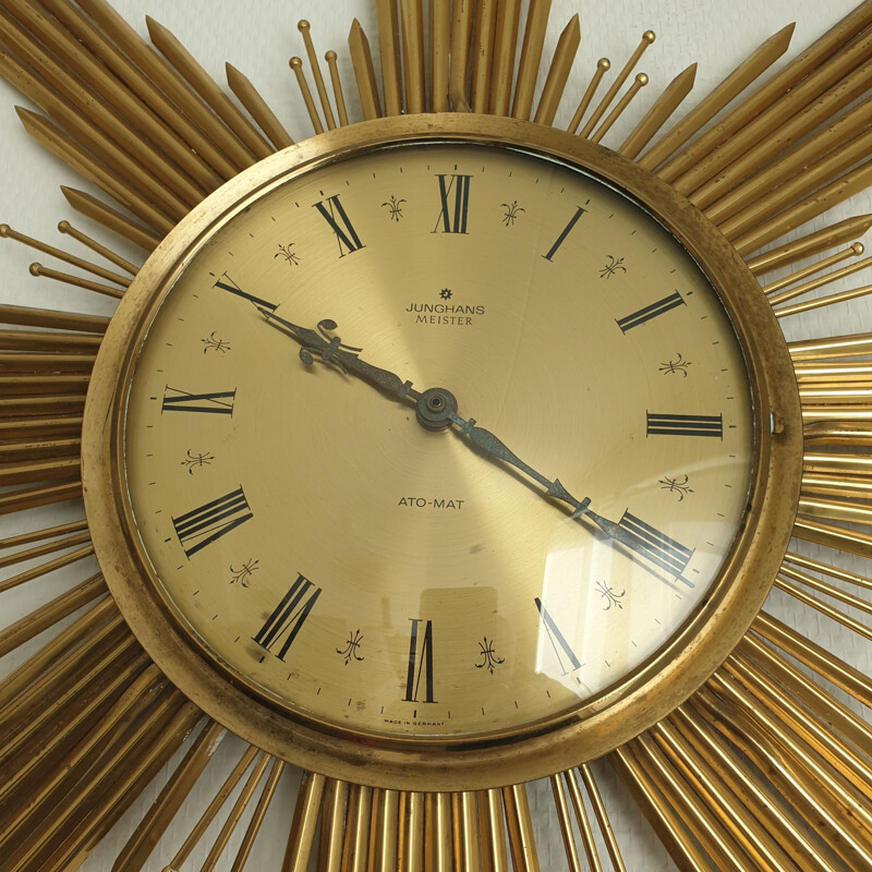 Large brass vintage Sunburst wall clock by Junghans, 1960s