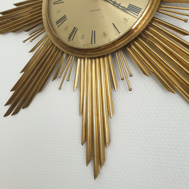 Large brass vintage Sunburst wall clock by Junghans, 1960s
