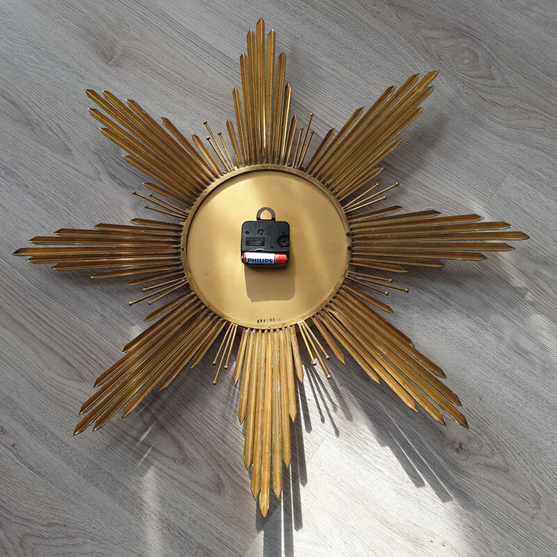 Large brass vintage Sunburst wall clock by Junghans, 1960s