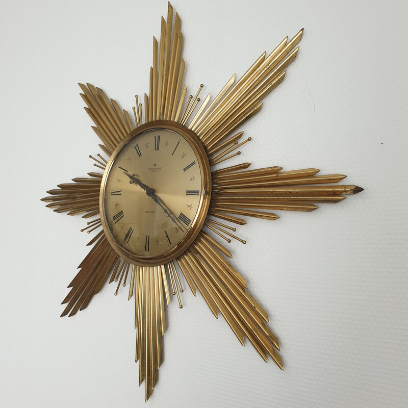 Large brass vintage Sunburst wall clock by Junghans, 1960s