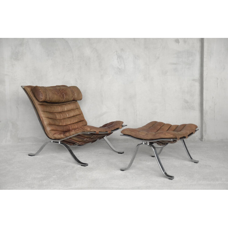 Vintage Cognac Leather Ari Lounge Chair with Ottoman by Arne Norell for Norell AB, 1960s