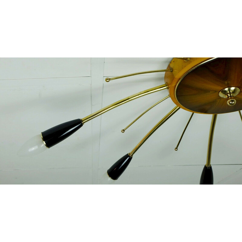 Vintage sputnik spider chandelier in brass, wood and plastic by stilnovo 1960