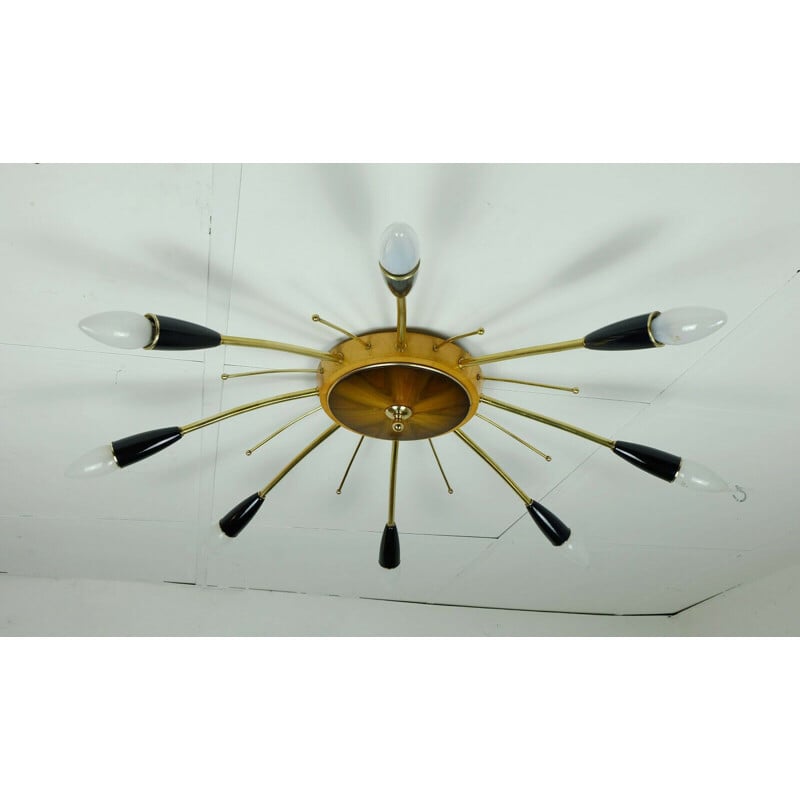 Vintage sputnik spider chandelier in brass, wood and plastic by stilnovo 1960