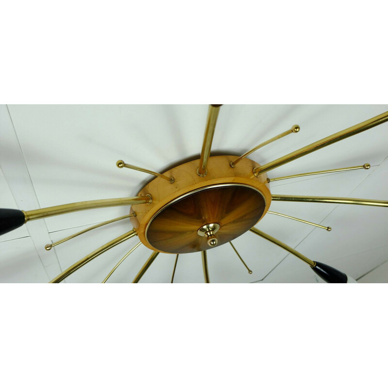 Vintage sputnik spider chandelier in brass, wood and plastic by stilnovo 1960