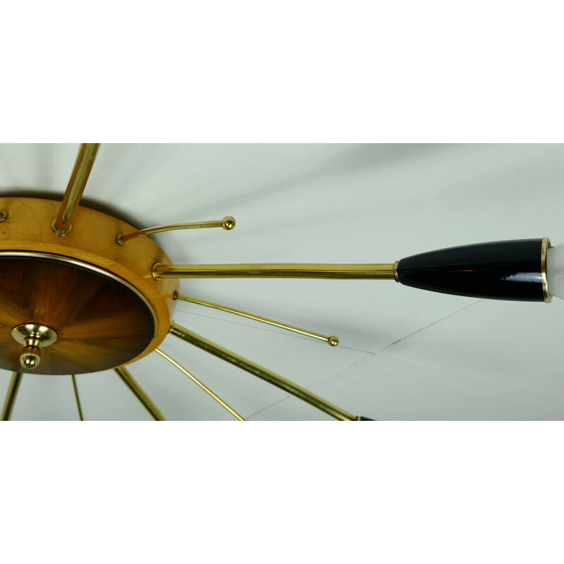 Vintage sputnik spider chandelier in brass, wood and plastic by stilnovo 1960