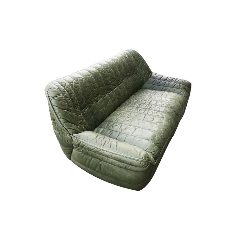 Vintage patchwork olive green leather sofa by Laauser