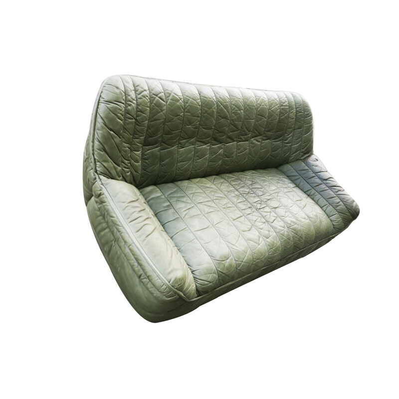 Vintage patchwork olive green leather sofa by Laauser