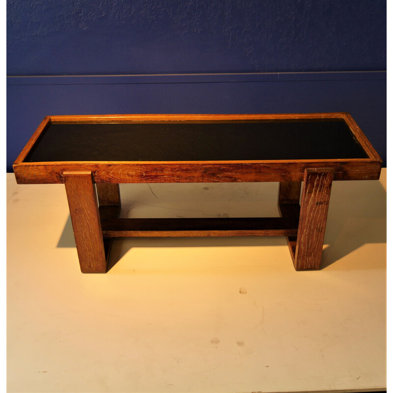 Vintage oakwood and black opaline coffee table, France 1940