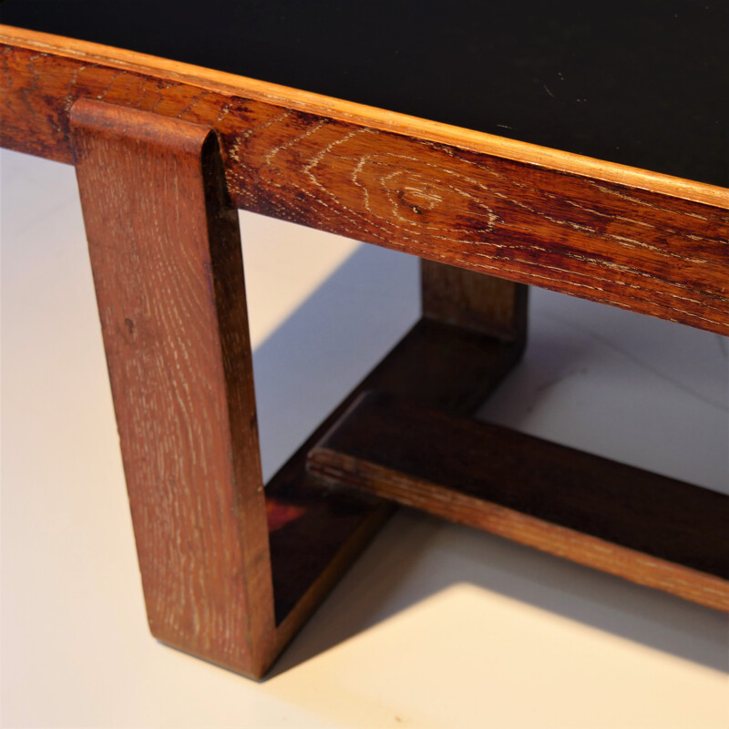 Vintage oakwood and black opaline coffee table, France 1940