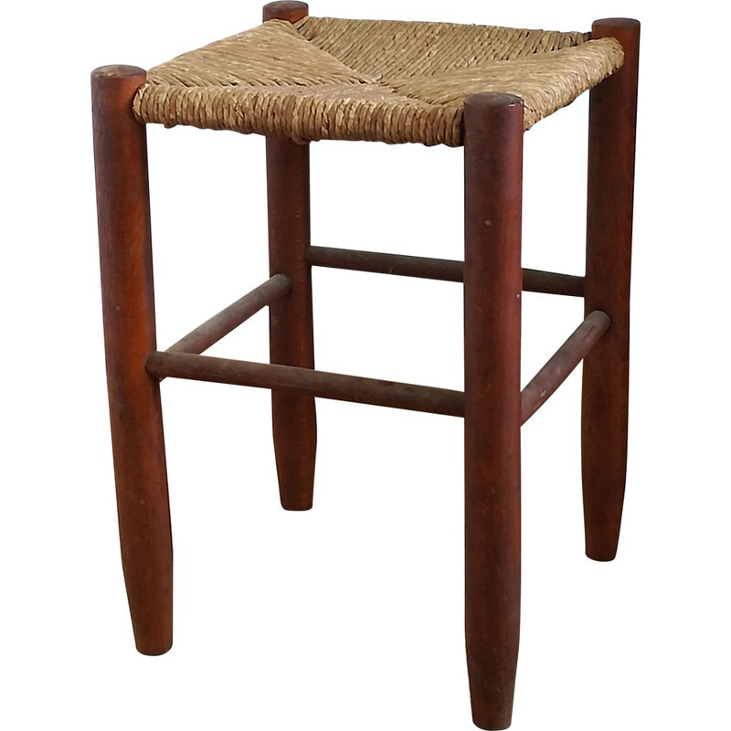 Tabouret vintage en bois et paille, 1950s